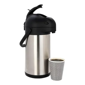 Restaurantware Met Lux 3 Liter Coffee Dispenser 1 Pump Lever Coffee Pump Dispenser - 24 Hour Heat Retention Built-In Handle Silver Stainless Steel Airpot Thermal Coffee Carafe For Airports