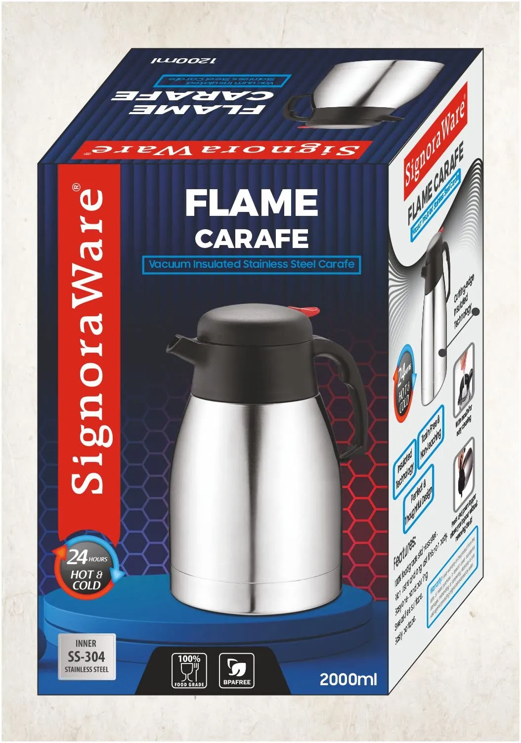 SignoraWare Flame Thermosteel Carafe 24 Hours Hot or Cold Tea/Coffee Pot, 2000 ml, Silver,Set of 1, Stainless Steel