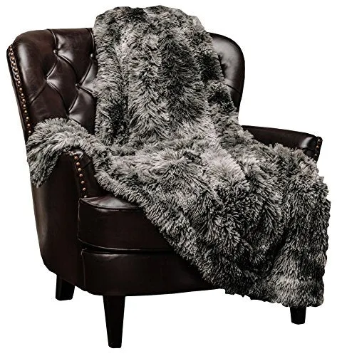 Super Soft Shaggy Fuzzy Fur Fluffy Faux Fur Warm Elegant Cozy with Sherpa  Print Dark Gray Throw Blanket (50" x 65")