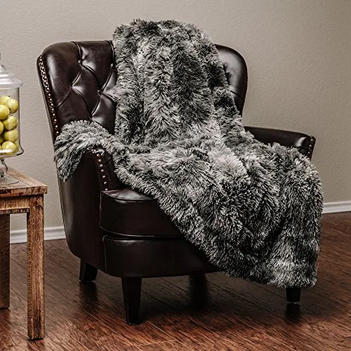 Super Soft Shaggy Fuzzy Fur Fluffy Faux Fur Warm Elegant Cozy with Sherpa  Print Dark Gray Throw Blanket (50" x 65")