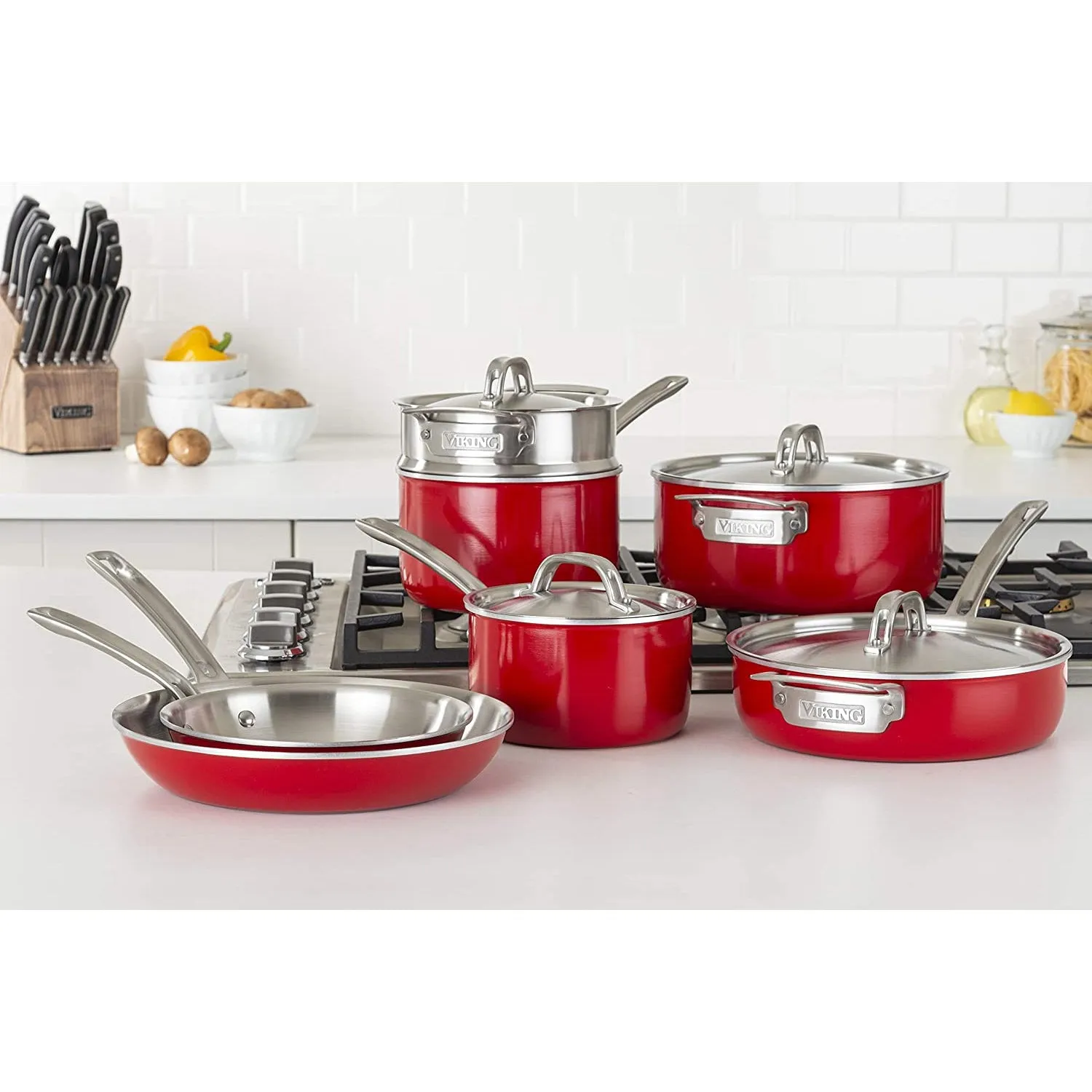 Viking 2-Ply 11pc Cookware Set, Stainless Steel Lids, Red